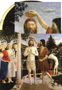 Pierro Della Francesca festmnye, mely Jzus megkeresztelst brzolja s ott jobbra fent taln mg valami mst is.